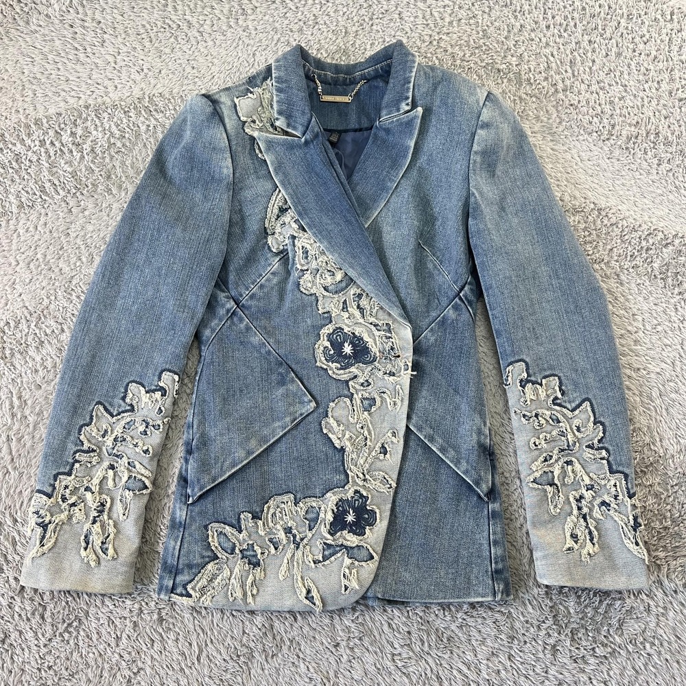 White House Black Market WHBM Editor Blazer Womens 6 Blue Floral Embroidered